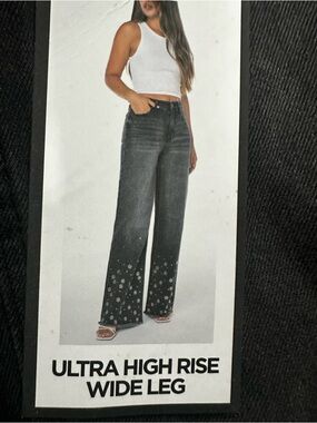 BCBG Black Ultra High Rise Wide Leg Jeans with Embellished Hem